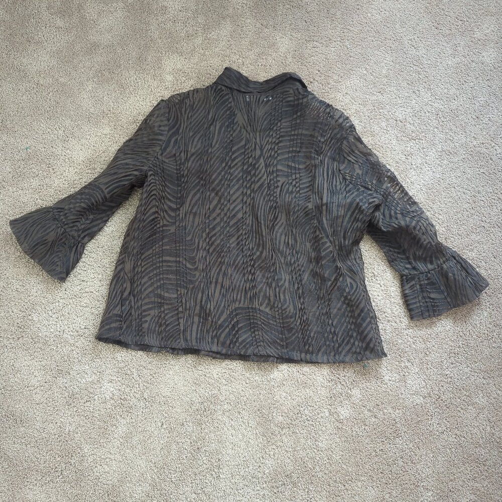 Citiknits Pleated Blouse Semi Sheer Long Sleeve Button Front Brown Large - Picture 3 of 11